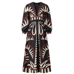 Vintage Print V-Neck Lantern Sleeve Maxi Dress