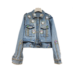 Rhinestone Nail Bead Short Denim Jacket