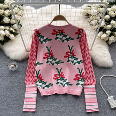 Ruffled Edge Bead Jacquard Kitten Knitted Sweater