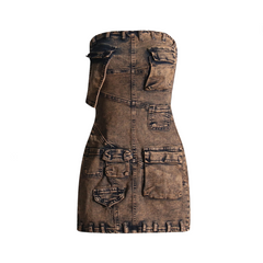 Multi Pocket Strapless Slim Fit Mini Denim Dress