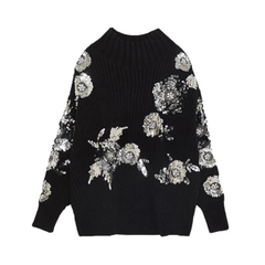 Sequined Flower Knitted Long Sleeved Sweater
