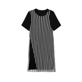 Irregular Striped Mesh Short Sleeved Midi Dress
