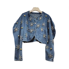 Diamond Bubble Sleeve Round Neck Short Denim Top