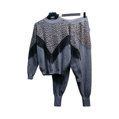 Rhinestones Pearl Beaded Knit Sweater + Wide Leg Pants