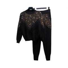 Rhinestones Pearl Beaded Knit Sweater + Wide Leg Pants