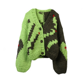 Graffiti V-Neck Long Sleeved Loose Knitted Cardigan