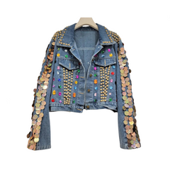 Sequin Diamond Rivet Loose Vintage Denim Jacket