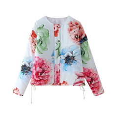 Retro Floral Thin Quilted Zip Up Jacket