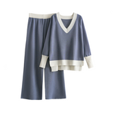 V-Neck Loose Knitted Sweater + Wide Leg Pants Set