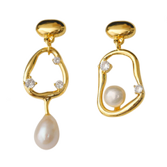 Retro Asymmetrical Pearl Zircon Earrings