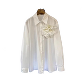 Pleated 3D Flower Loose Long Sleeved Shirt