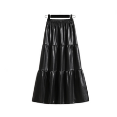 Splicing Soft Leather Elastic Waist Pleated Skirt