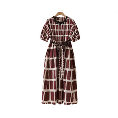 Geometric Round Neck Short Sleeve Waist Tie Dress