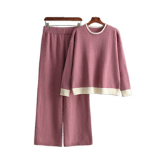 Round Neck Knitted Sweater + Wide Leg Pants Set