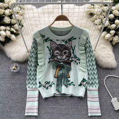 Ruffled Edge Bead Jacquard Kitten Knitted Sweater