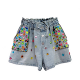 Vintage Color Crystal Diamond Denim Shorts