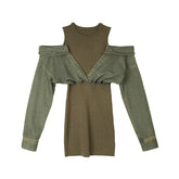 Mock Two-Piece Denim Knit Dress