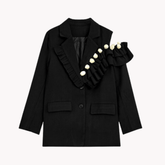 Notched Floral Applique Ruffled Blazer
