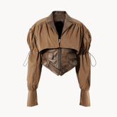 Pleated Belted Drawstring Vegan Leather Jacket
