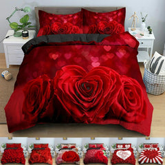 Red Rose Duvet Cover Set Full Size Soft Luxury 3D Rose Flower Microfiber Bedding Set 3Pcs Romantic Quilt Cover Queen King Size