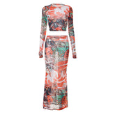 Mesh Print Long-Sleeved Top + Long Skirt Set
