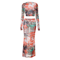 Mesh Print Long-Sleeved Top + Long Skirt Set
