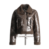 Saddle Pockets Faux Leather Short Coat