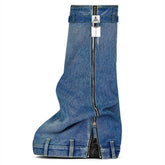 Skirted Zip-Up Denim Buckle Boots