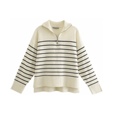 Slit Cuffs Striped Knit Sweater