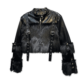 Straps Buckles Faux Fur Short Jacket