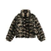 Striped Faux Fur Stand Collar Jacket