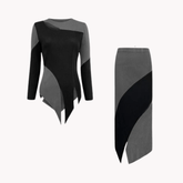 Two-Tone Cross Wrap Blouse and Skirt Set