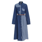 Two-Tone Denim Button-Down Belted Dress