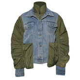 Washed Denim Patchwork Stand Collar Jacket