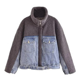 Woolen Denim Spliced Stand Collar Coat