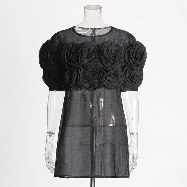 Retro 3D Rose Fluffy Sleeve Slim Fit Mini Dress