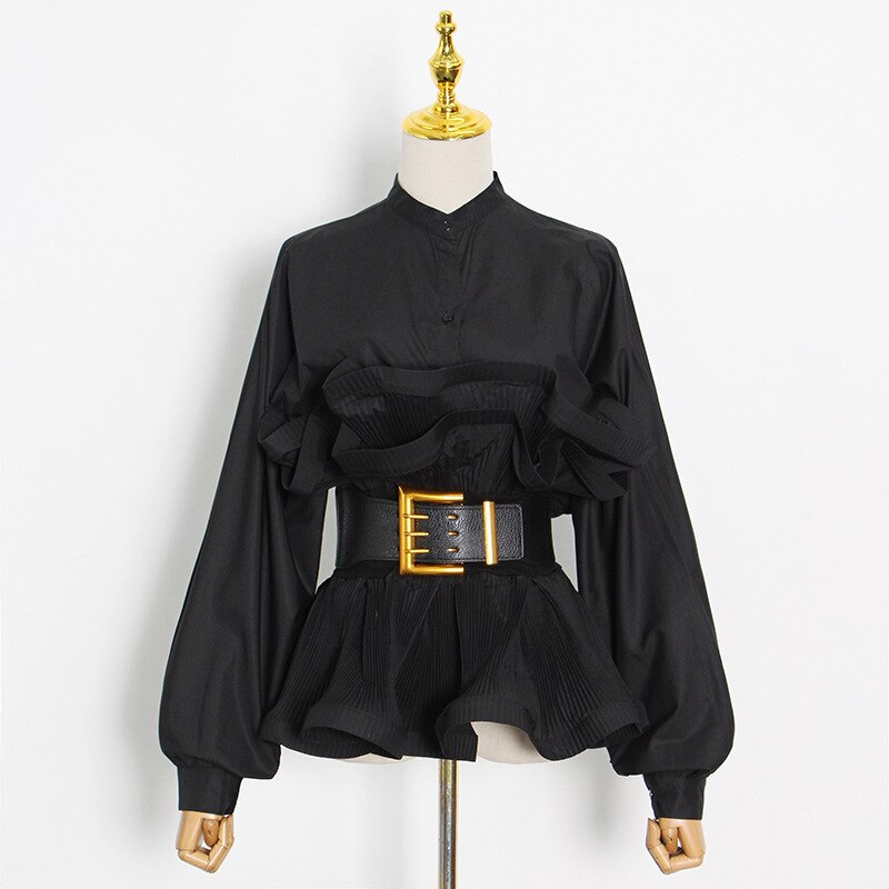 Ruffle Pleated Long Sleeve Belt Blouse