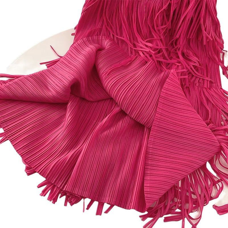 Fringe Stretch Waist Pleated Skirt