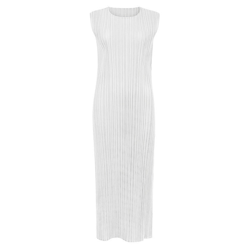 Solid Pleated Sleeveless Midi Dress