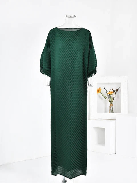 Pleated Boat Neckline Maxi Dress
