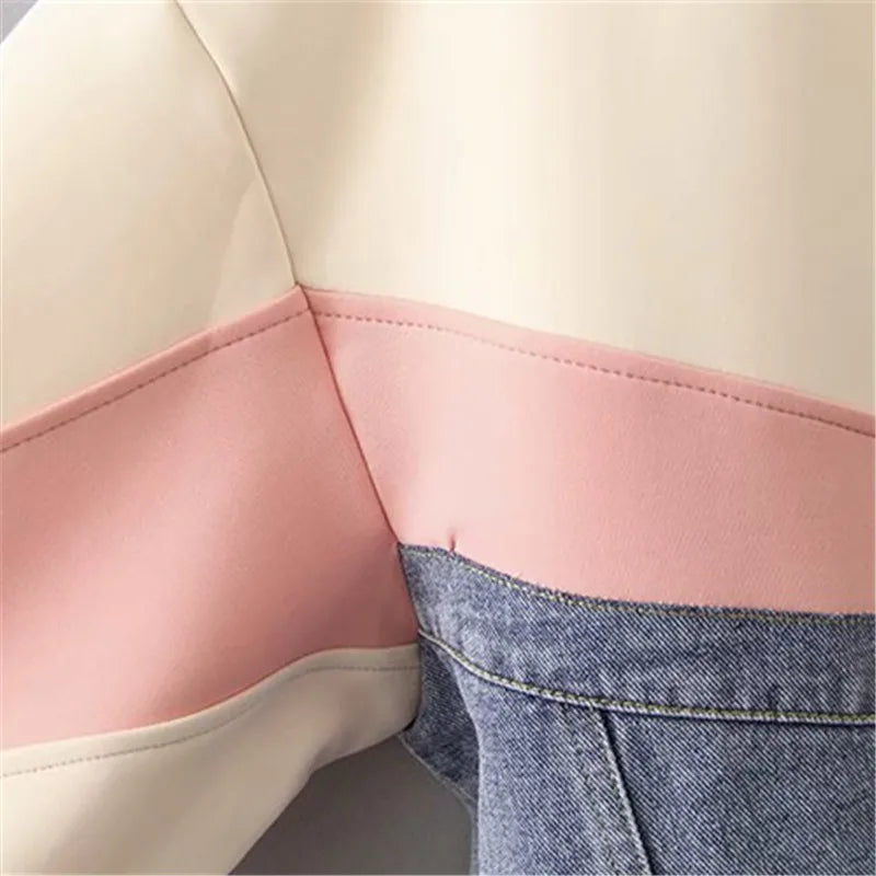 Denim Spliced Cotton Zip-Up Jacket