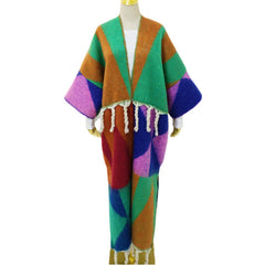 Multicolor Deep V Tassel Fuzzy Coat