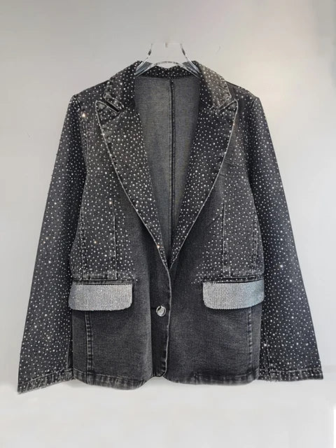 Diamond Studded Washed Black Denim Jacket