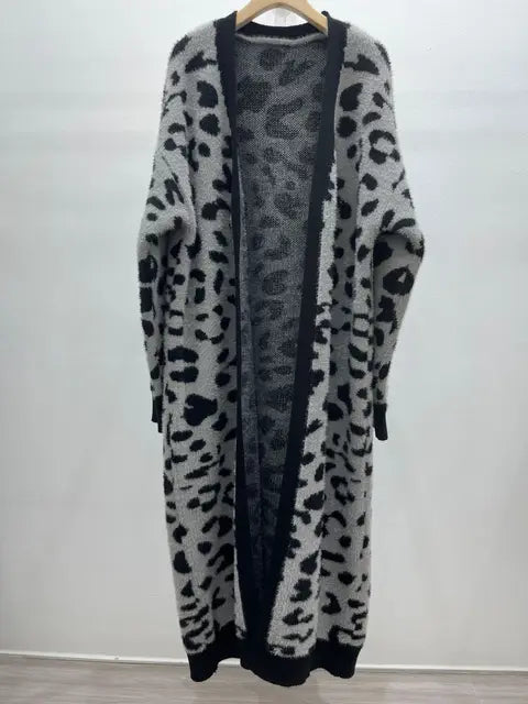 Animal Print Thick Long Loose Knit Cardigan