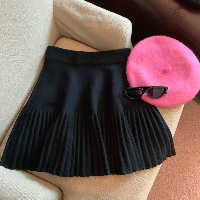 High-Waist Pleated Knit Mini Skirt