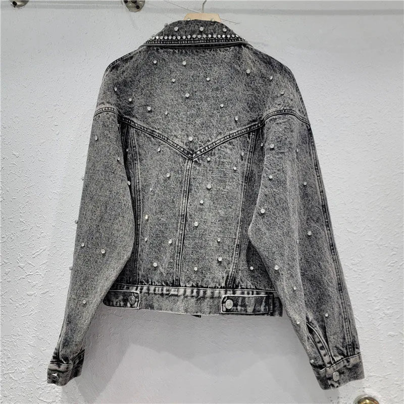 Nail Bead Diamond Inlaid Denim Jacket