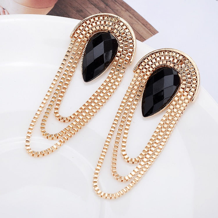 Pre Order:  Black Water Drop Metal Tassel Exaggerated Earrings