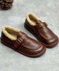 Coffee Flat Shoes For Women Cowhide Leather Casual Fuzzy Wool Lined Flat Shoes For Women