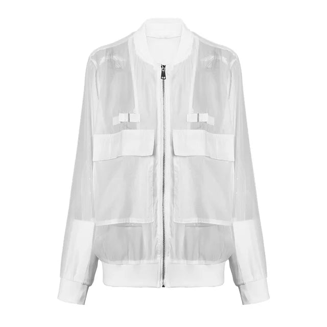 White Organza Stand Collar Long Sleeve Jacket