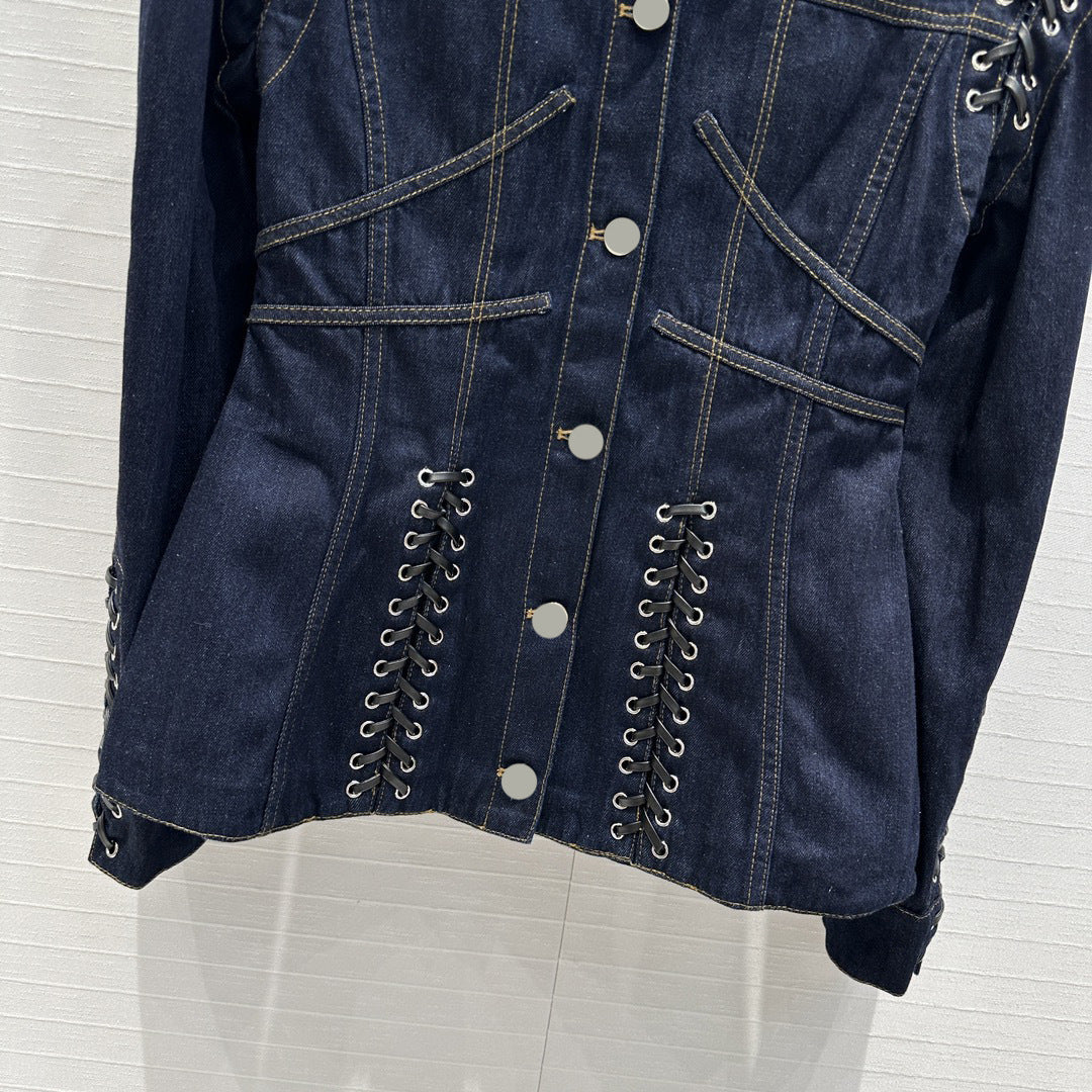 Casual Lace-Up High Waisted Denim Jacket